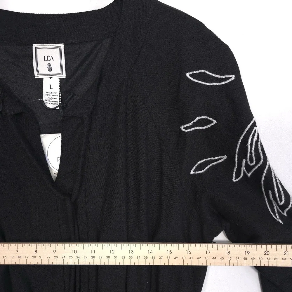 LEA NWOT Midi Dress LARGE Black LINEN Blend Floral Embroidered Tie Belt‎ Tassels